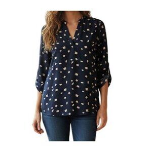 Lush Warren Split Neck Blouse Navy Taupe Roll Tab Sleeve Womens S